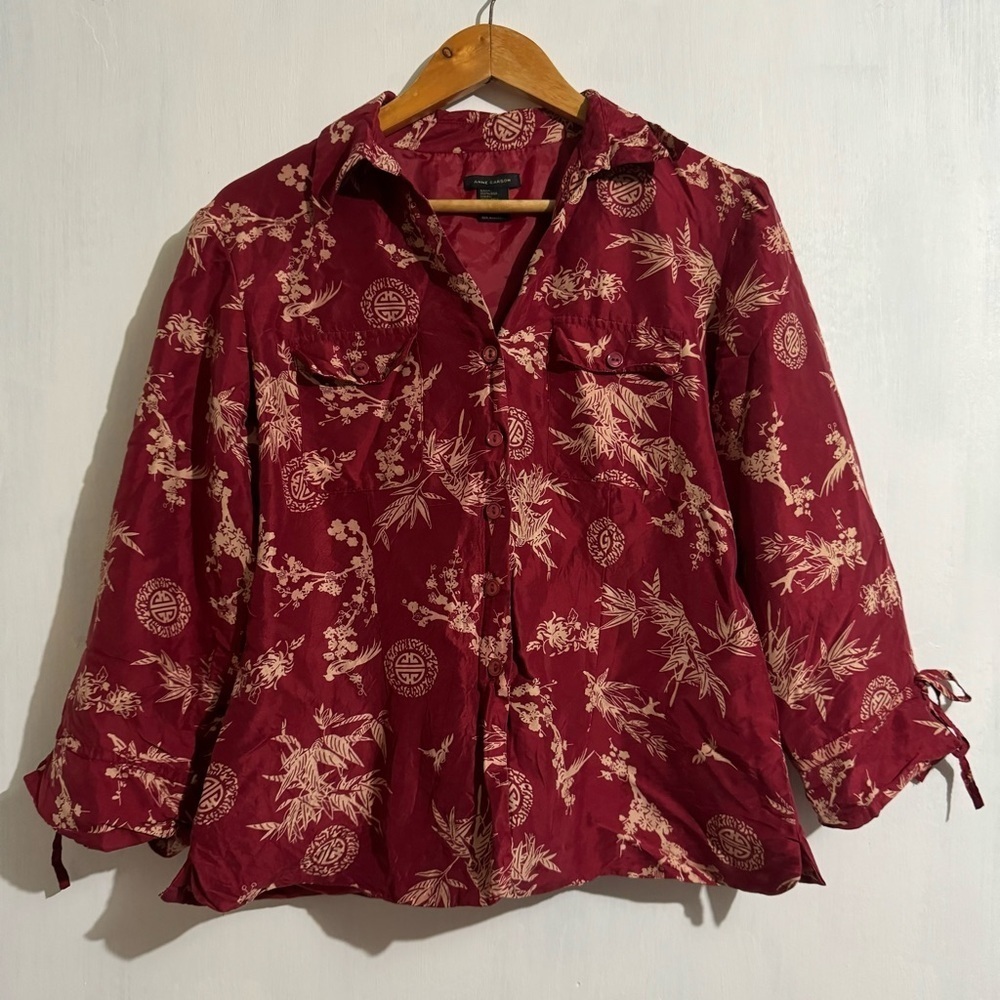 Anne Carson Silk Red Button Down Top